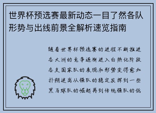 世界杯预选赛最新动态一目了然各队形势与出线前景全解析速览指南